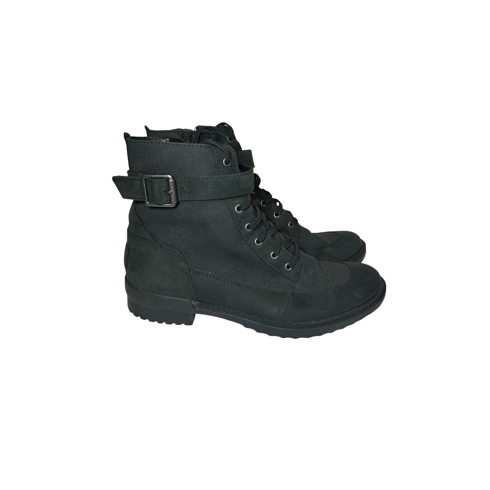 UGG Kesey Black Leather Canvas Waterproof Combat Boots Womens 8 1095157